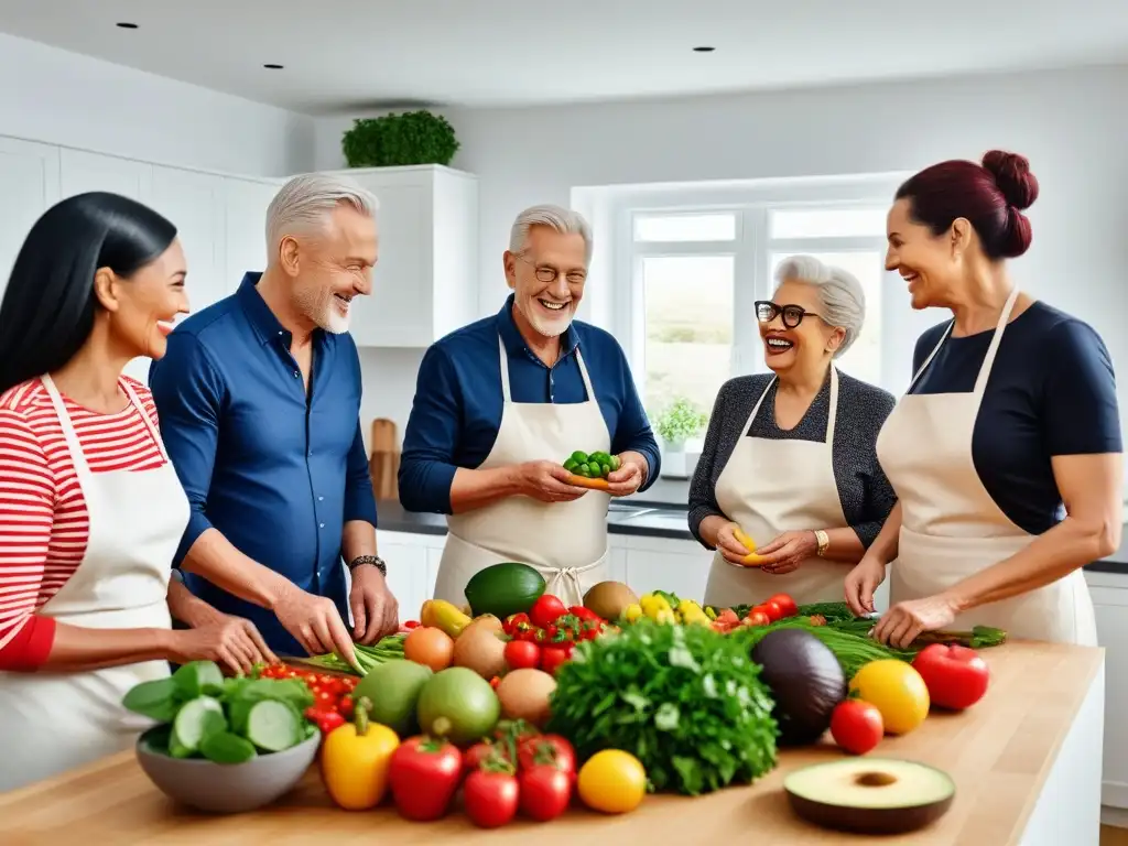 Un grupo diverso de personas mayores cocina juntas en una cocina luminosa y espaciosa, preparando platos veganos vibrantes