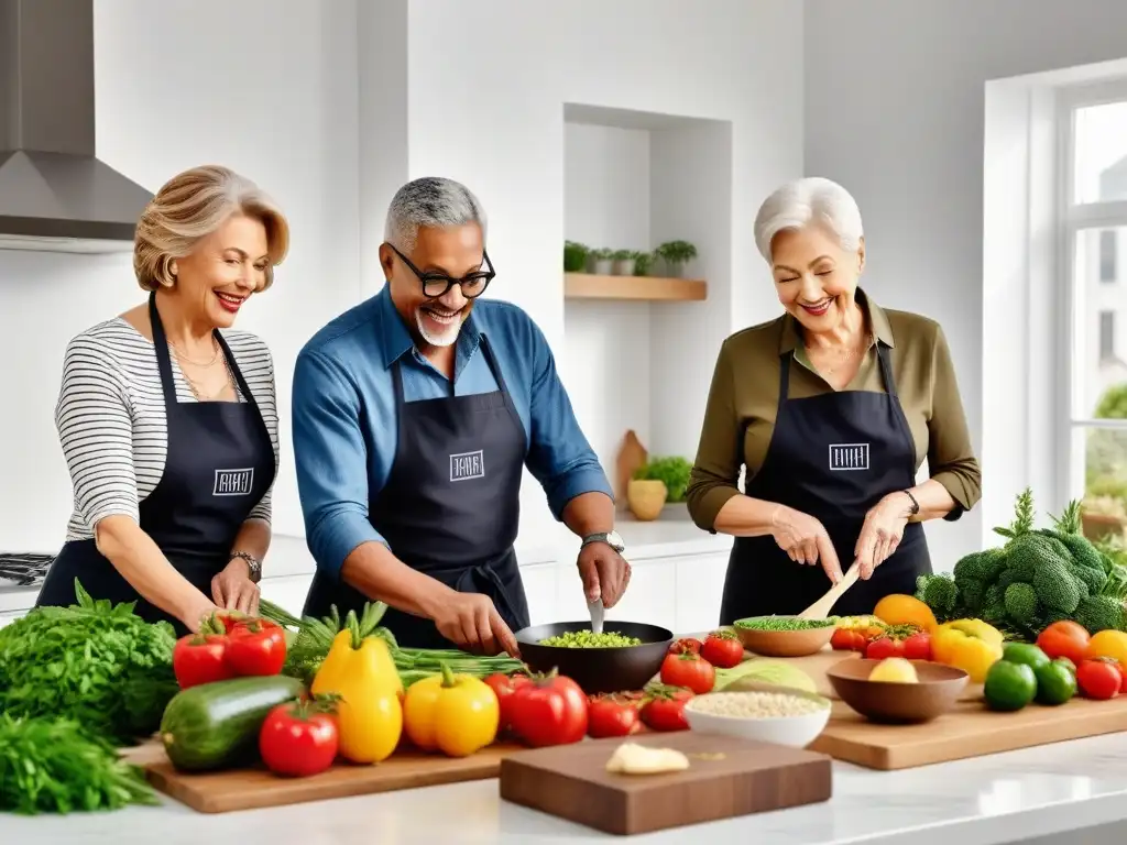 Un grupo diverso de personas mayores cocina feliz en una cocina espaciosa y luminosa, llena de ingredientes vegetales frescos