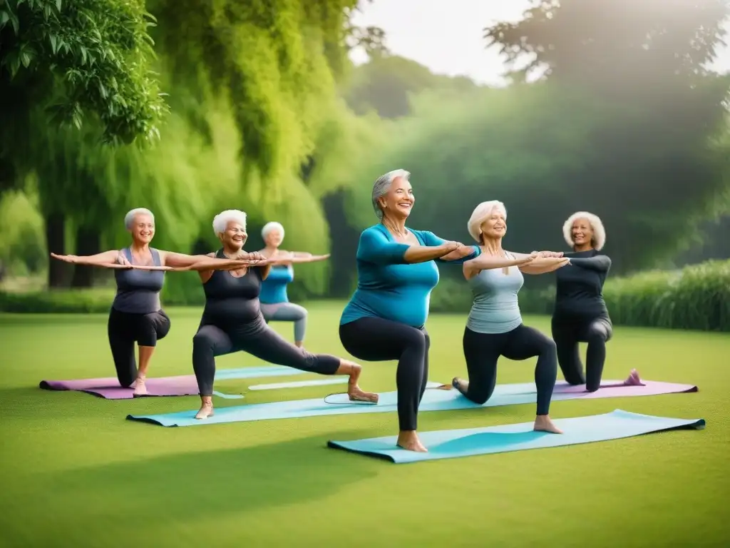 Un grupo diverso de personas mayores practica yoga en un parque verde y soleado, transmitiendo vitalidad y bienestar con la dieta vegana y envejecimiento saludable