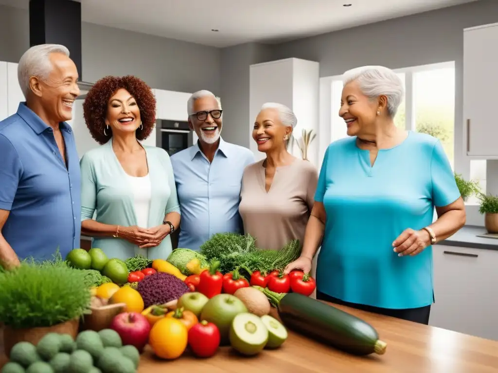 Un grupo diverso de personas mayores disfruta de actividades saludables en una cocina soleada llena de alimentos frescos y coloridos