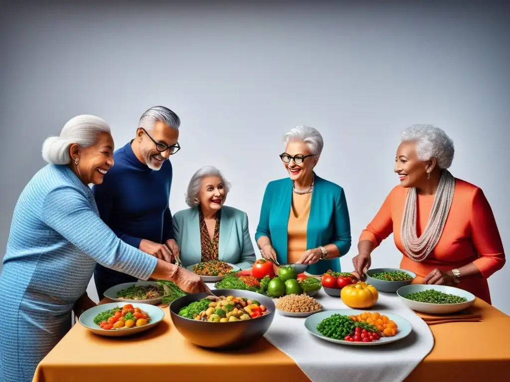 Un grupo diverso de personas mayores cocina y comparte platos veganos en una mesa colorida, destacando la dieta vegana equilibrada en vejez