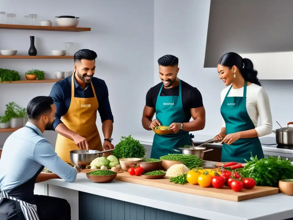 Un grupo diverso de personas prepara platos veganos internacionales en una cocina moderna y luminosa, mostrando armonía culinaria