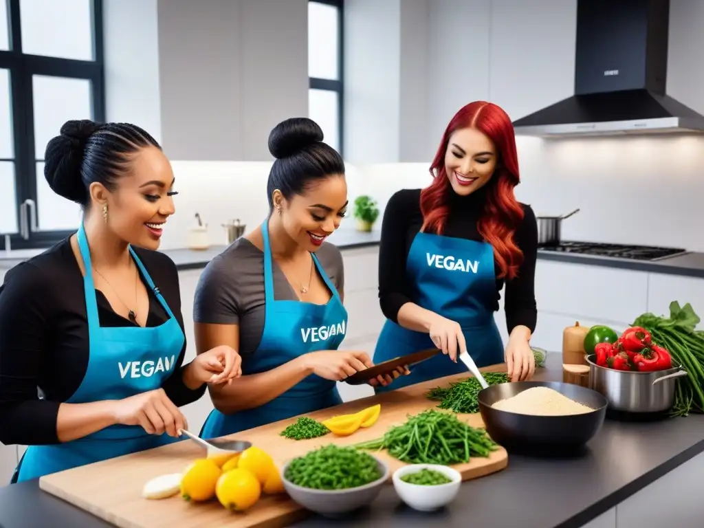 Un grupo diverso de personas cocinando platos veganos en una cocina moderna, compartiendo tips y recetas de cocina con apps veganas para cocina