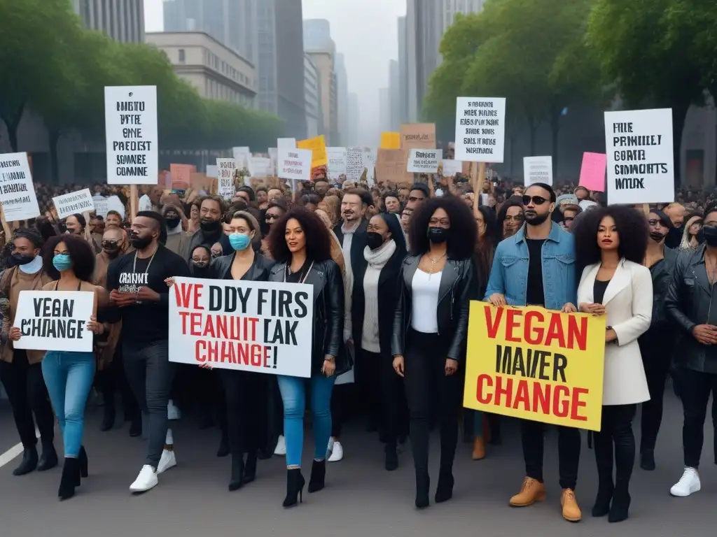 Un grupo diverso de personas en una protesta pacífica por los derechos de los animales, con letreros coloridos promoviendo el veganismo