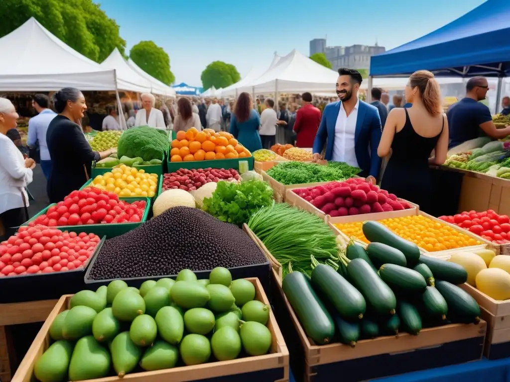 Un grupo diverso de personas sonrientes disfrutando de alimentos vegetales en un animado mercado