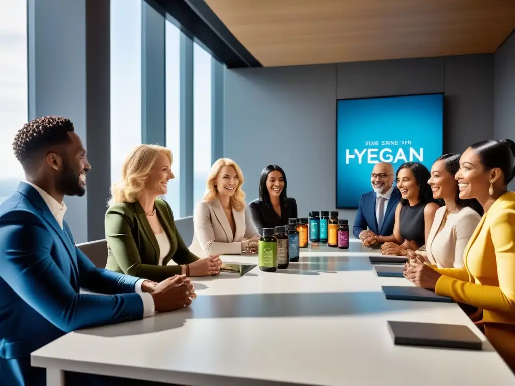 Un grupo diverso de personas sonriendo y examinando suplementos veganos de alta gama en una mesa de conferencias moderna y elegante