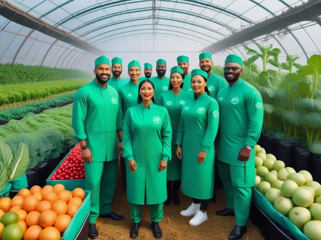 Un grupo diverso de personas vestidas de verde con símbolos veganos, unidas frente a una granja próspera y tecnológica