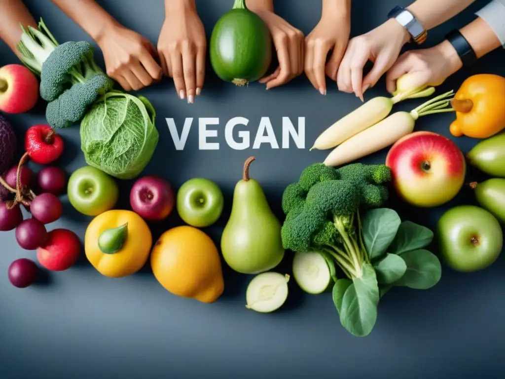 Grupo diverso de personas vibrantes y saludables rodeadas de frutas y verduras, simbolizando los beneficios de la adaptación al veganismo en el cuerpo