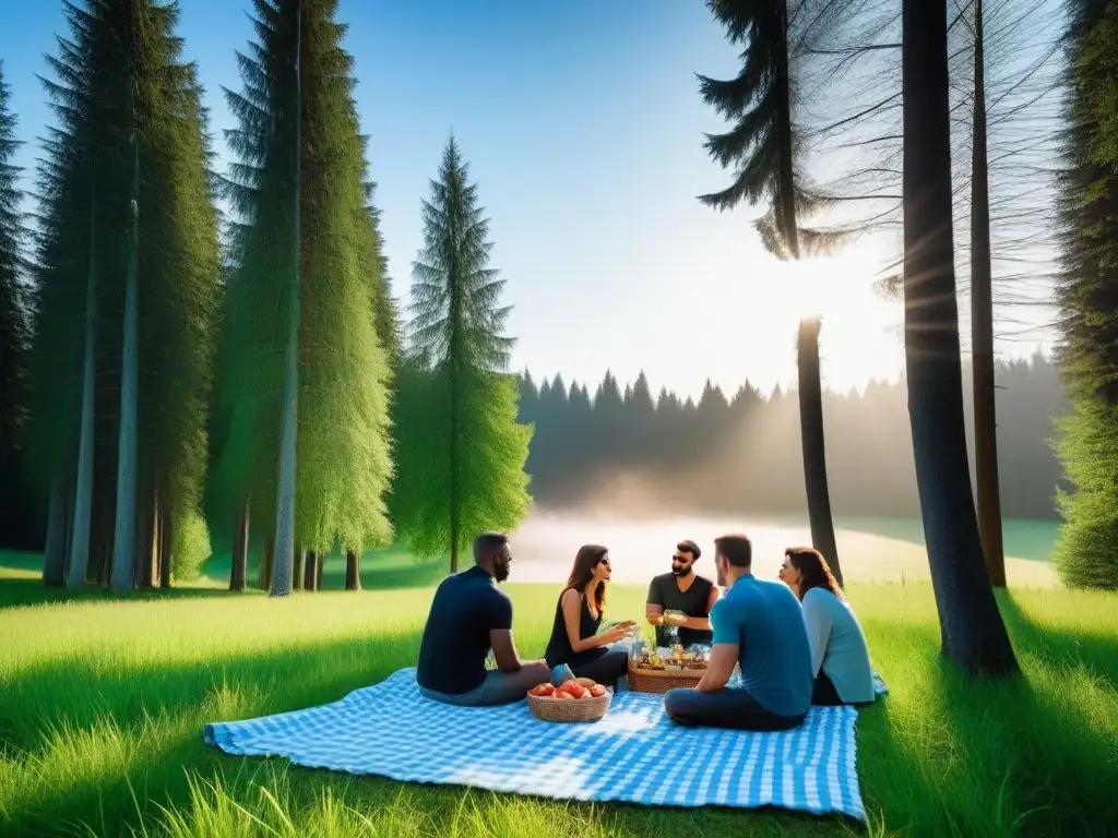 Grupo diverso disfruta de un picnic vegano en la naturaleza