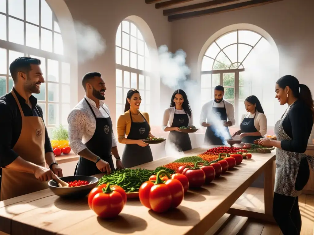 Un grupo diverso prepara platos veganos españoles en un taller de cocina, destacando la riqueza cultural