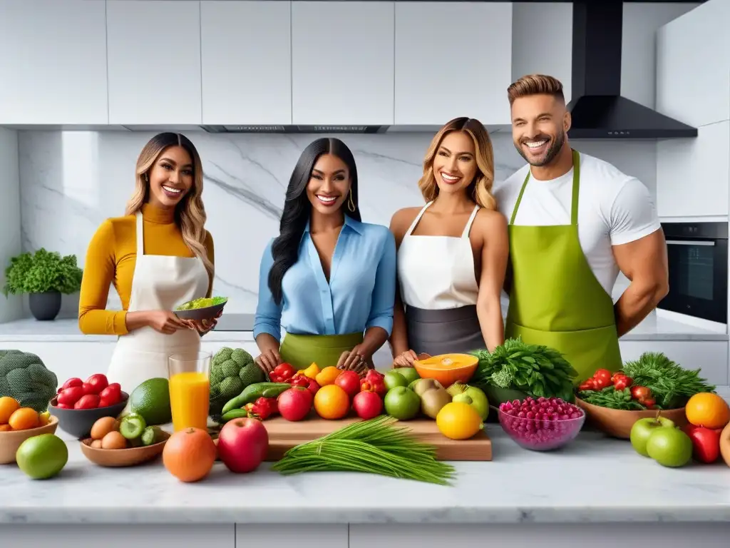 Grupo diverso preparando platos veganos en cocina moderna