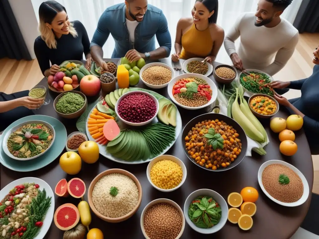 Fotografía de un grupo diverso disfrutando platos veganos en una mesa colorida