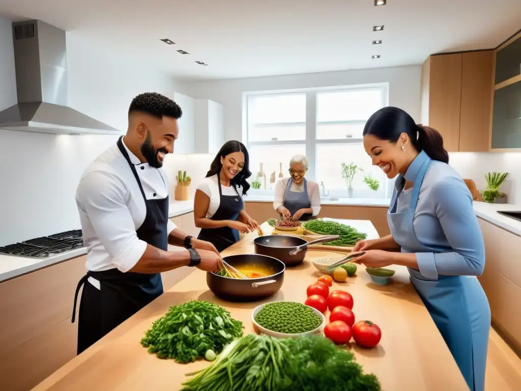 Un grupo diverso disfruta cocinando platos veganos en una cocina moderna y espaciosa, creando una escena comunitaria y saludable