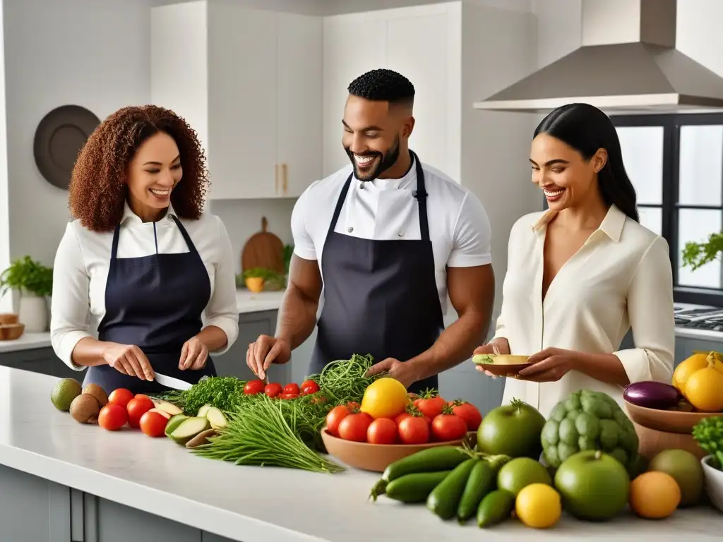 Un grupo diverso prepara platos veganos, mostrando comunidad y salud