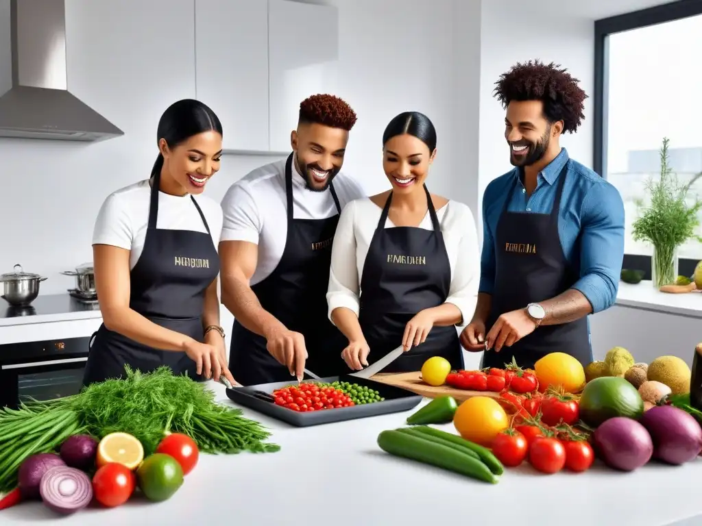 Cocina vegana: diversidad, alegría y frescura en un ambiente moderno Un grupo diverso cocina platos veganos exóticos en una cocina moderna y vibrante con ingredientes frescos y coloridos