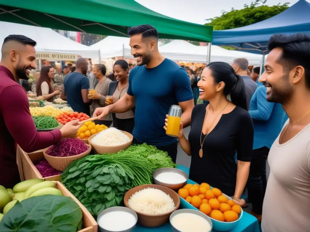 Grupo diverso disfruta probióticos veganos en animado mercado con alimentos coloridos