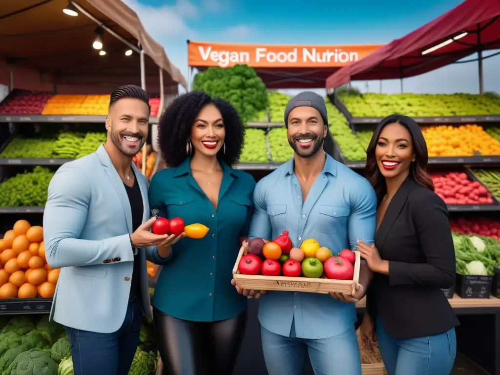 Un grupo diverso de productores de alimentos veganos sonrientes muestra frutas y verduras frescas