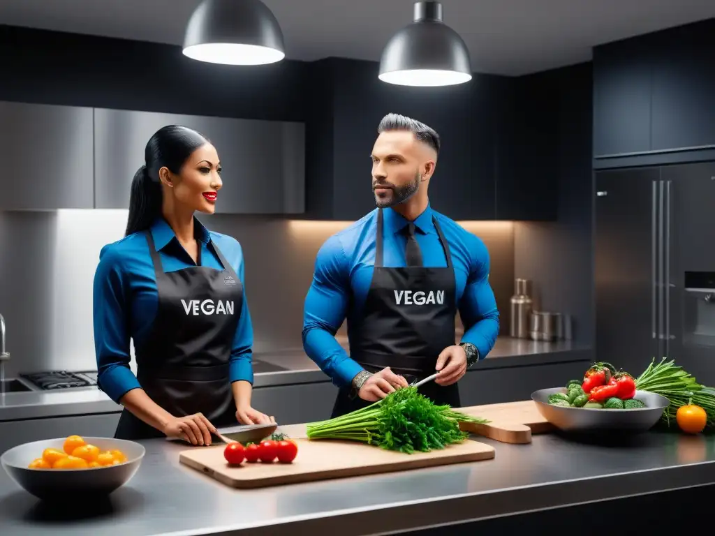 Un grupo diverso de profesionales de la nutrición vegana certificados se reúnen en una cocina moderna, discutiendo apasionadamente