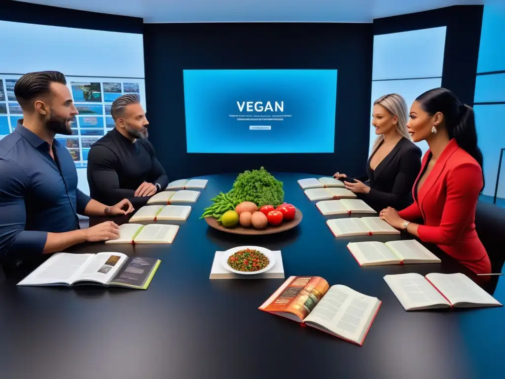 Un grupo diverso de profesionales en nutrición vegana discuten certificaciones en nutrición vegana en un espacio futurista y moderno