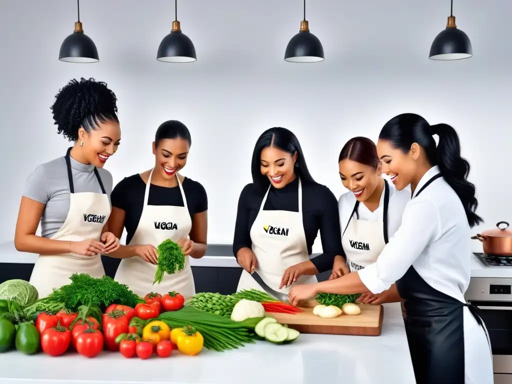 Grupo diverso cocinando recetas veganas internacionales en cocina moderna