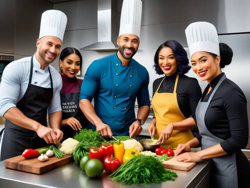 Grupo diverso preparando recetas veganas internacionales en cocina moderna