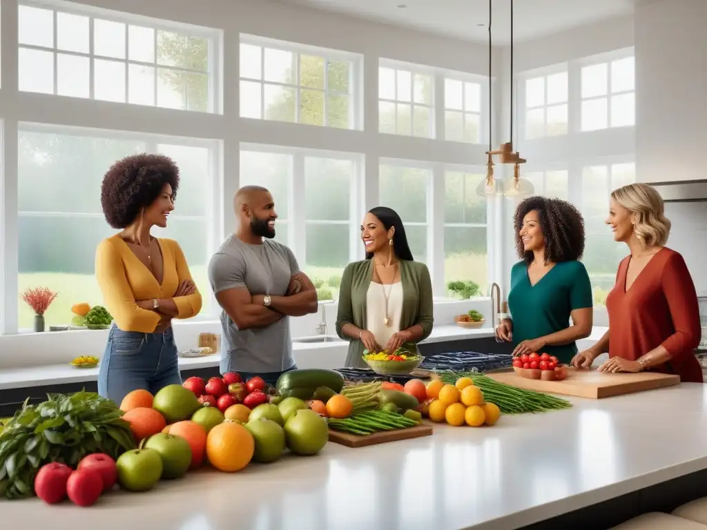 Un grupo diverso prepara recetas veganas y conversa sobre nutrición en una cocina luminosa y acogedora