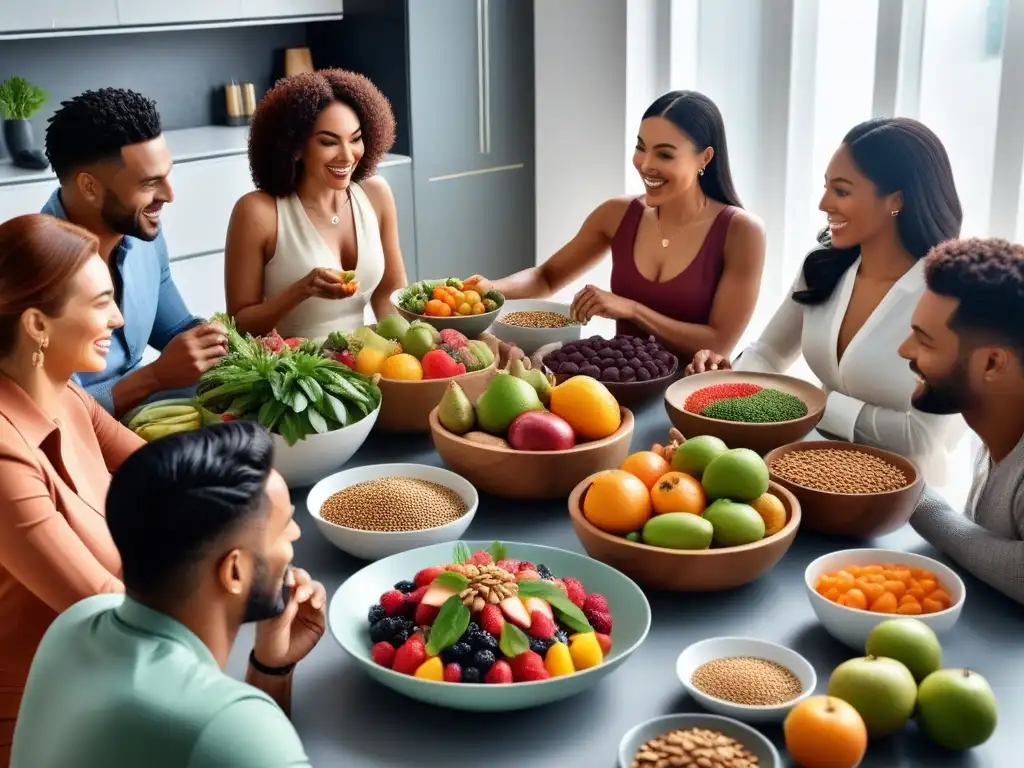 Un grupo diverso y saludable disfruta de una comida vegana en un ambiente moderno y vibrante, destacando la importancia del selenio en veganos