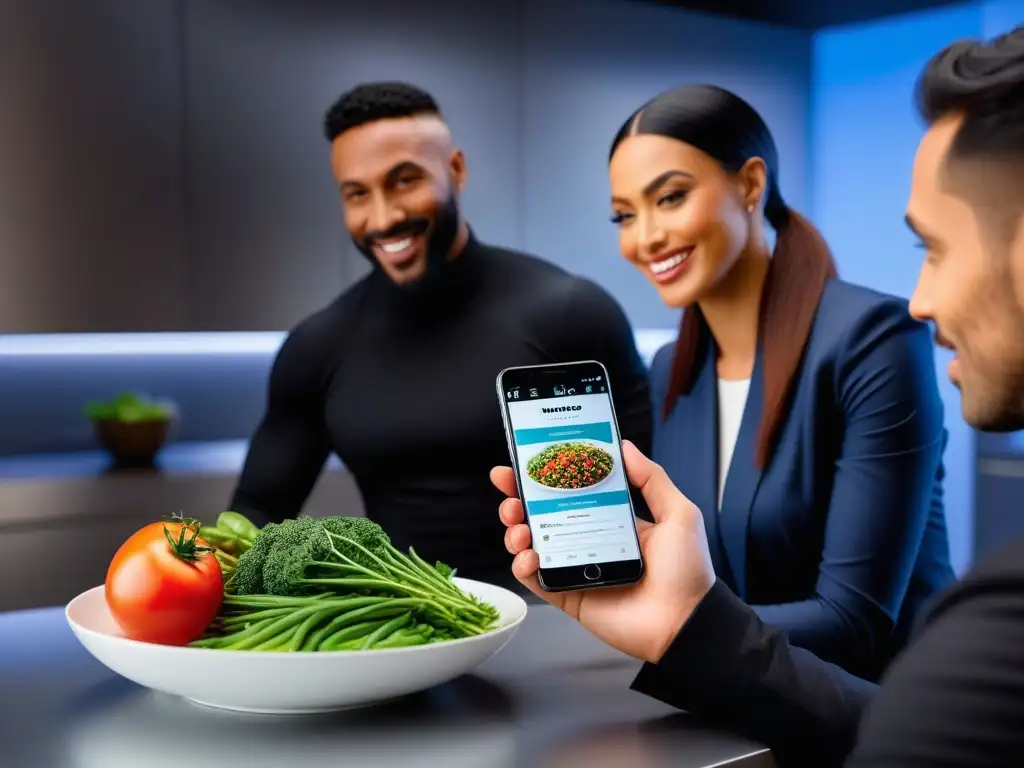 Un grupo diverso sonríe usando smartphones con Apps revolucionarias dieta vegana personalizada en una cocina futurista