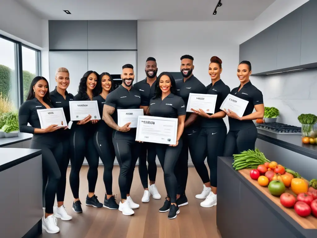 Un grupo diverso sonriente con certificaciones de nutrición vegana en una cocina moderna llena de frutas y verduras, transmitiendo logros y experticia