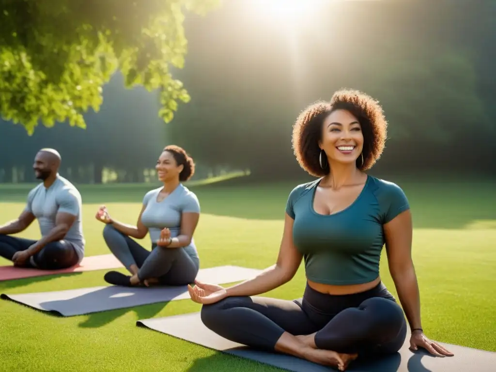 Un grupo diverso y sonriente disfruta del sol en un parque verde, simbolizando la importancia de los suplementos vitamina D veganos