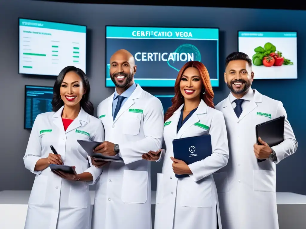 Grupo diverso sonriente en lab coats blancos con certificación nutrición vegana online, rodeados de tecnología futurista