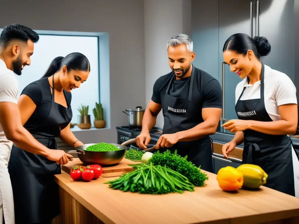 Grupo diverso en taller cocina vegana brasileña, creando platos exóticos en cocina moderna con vegetación