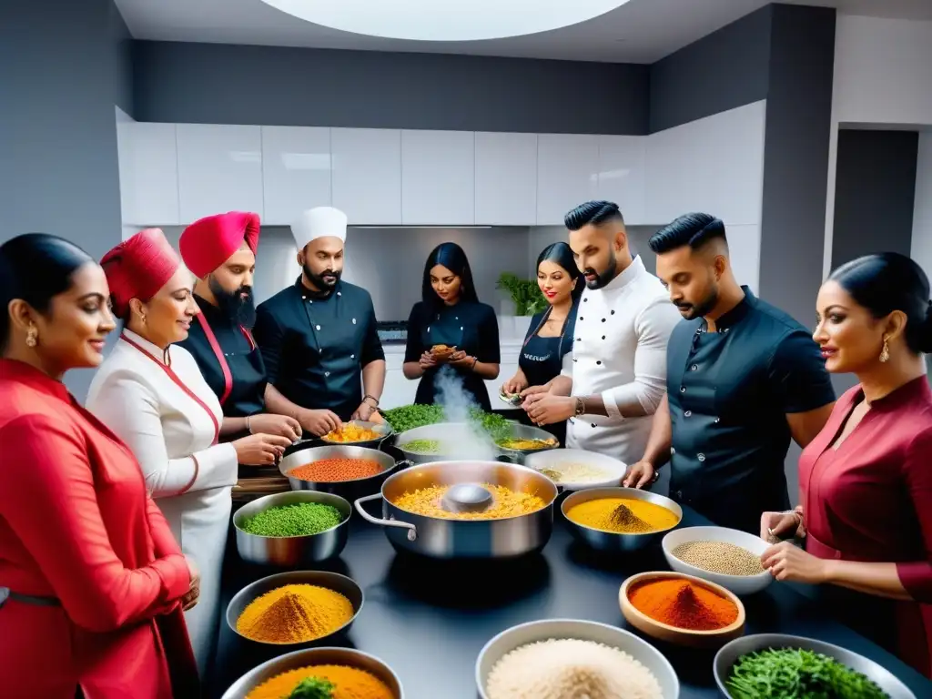 Grupo diverso en taller cocina india vegana online, inmersos en proceso culinario con especias vibrantes y equipo de cocina moderno