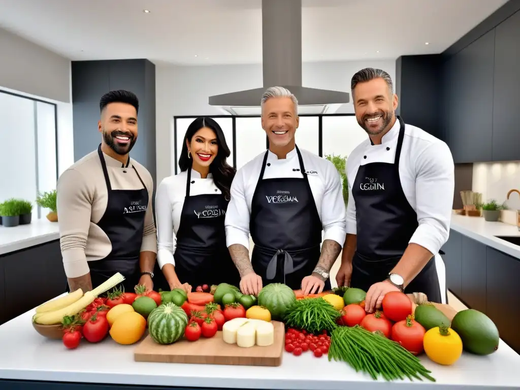 Un grupo diverso disfruta un taller intensivo de cocina vegana, rodeados de alimentos frescos y utensilios modernos