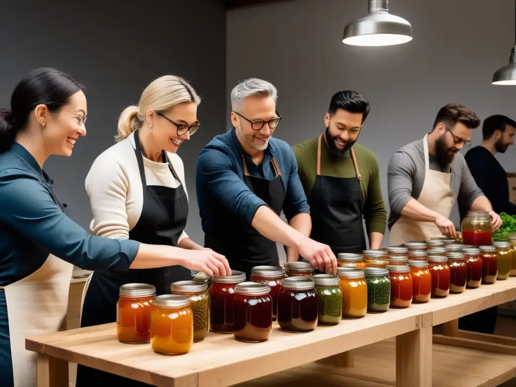 Un grupo diverso participa en talleres prácticos fermentación vegana, inmersos en la elaboración de kombucha, kimchi y fermentación de vegetales