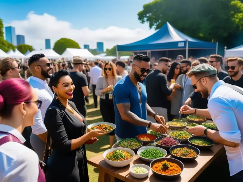 Grupo diverso disfruta tours gastronómicos veganos internacionales en festival de comida vegana vibrante