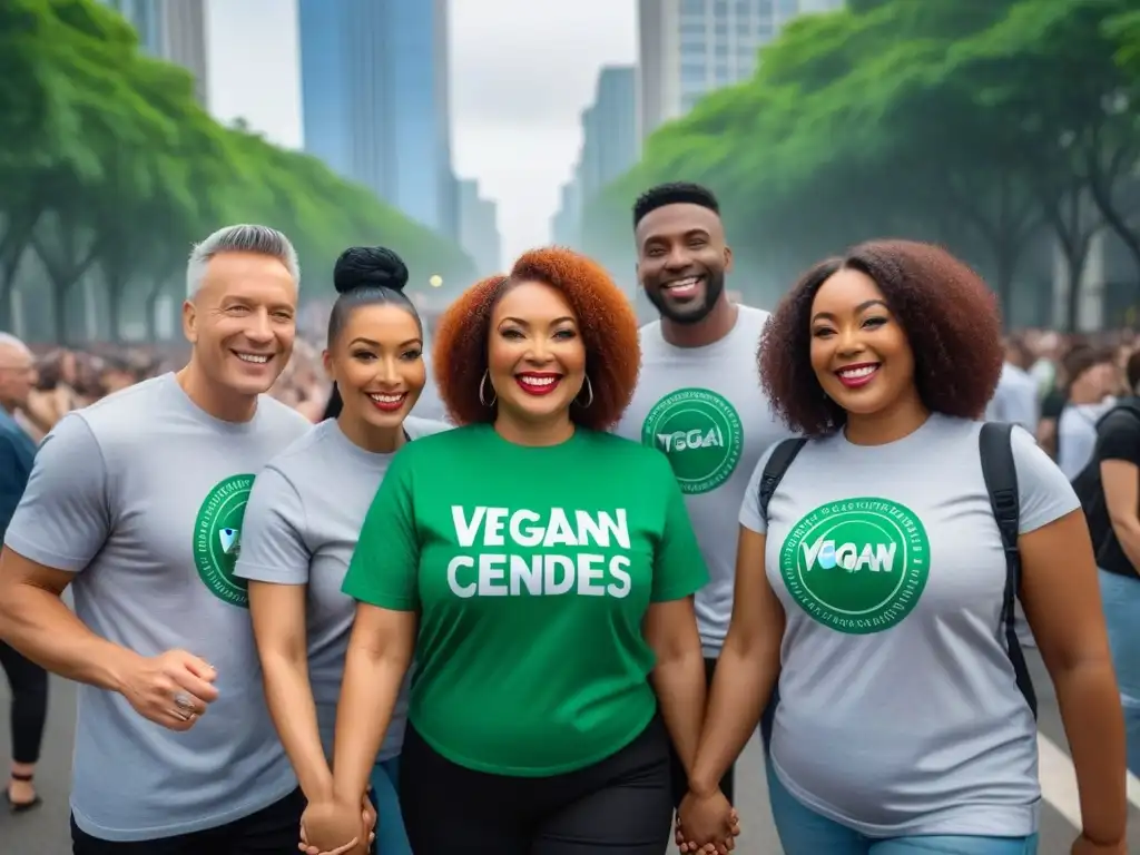 Grupo diverso sonríe unido con camisetas veganas, simbolizando comunidad, diversidad y protección animal en entorno urbano