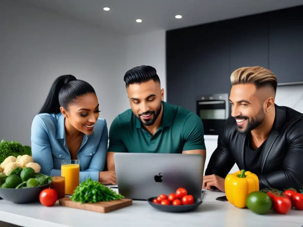 Un grupo diverso se sumerge apasionadamente en la certificación nutrición vegana online, estudiando, discutiendo y cocinando en una cocina moderna