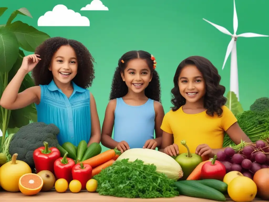 Un grupo diverso de niños aprende sobre nutrición vegana y sostenibilidad, mostrando la importancia de la educación para un futuro sostenible