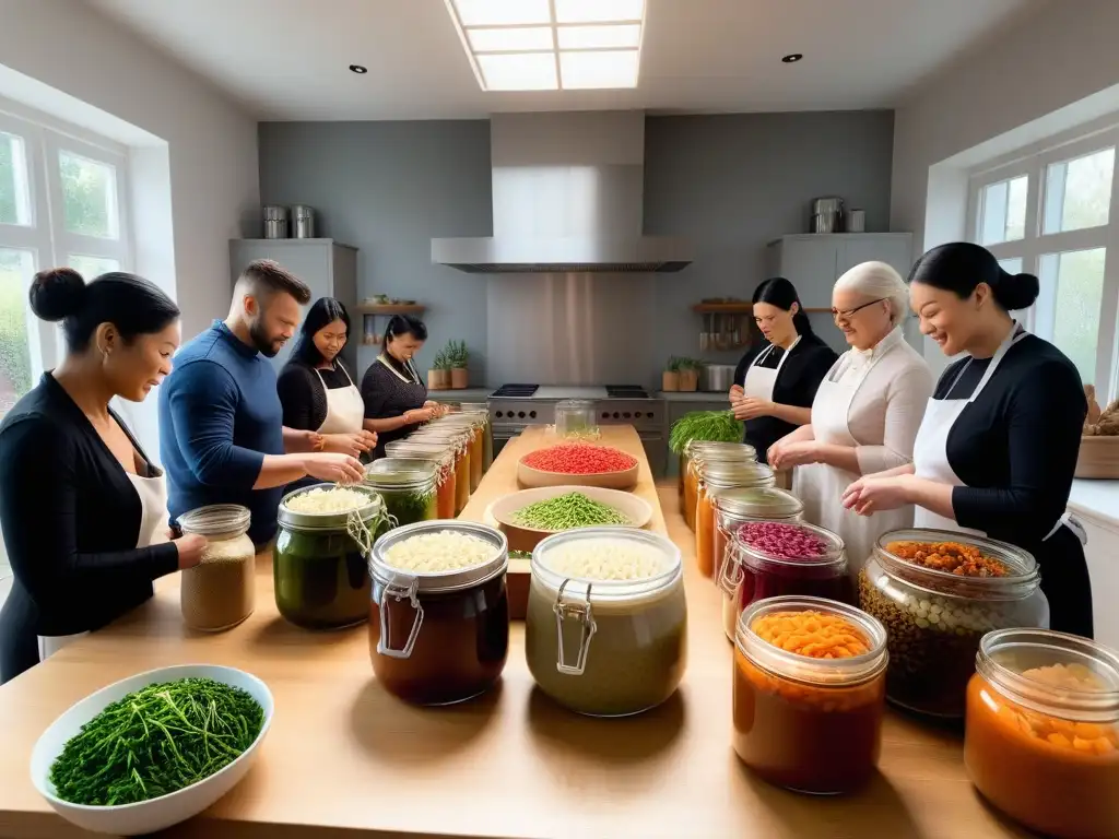 Grupo diverso aprende sobre fermentación vegana en talleres prácticos, rodeados de alimentos coloridos en una cocina luminosa