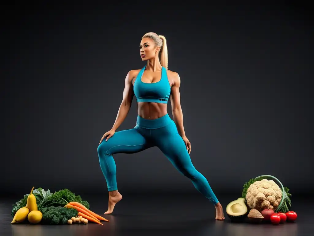 Un grupo diverso de veganos activos rodeados de alimentos coloridos y saludables, destacando la necesidad de suplementos aminoácidos veganos