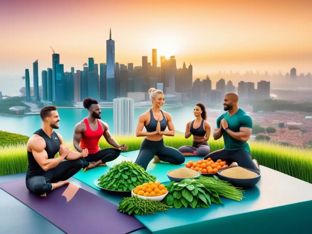 Un grupo diverso de veganos enérgicos practicando yoga, levantamiento de pesas y corriendo, con alimentos ricos en hierro