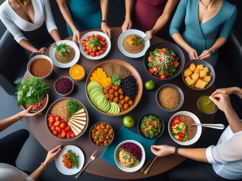 Un grupo diverso de veganos exitosos con alergias alimentarias disfruta de fuentes veganas seguras de proteínas en un restaurante moderno y elegante