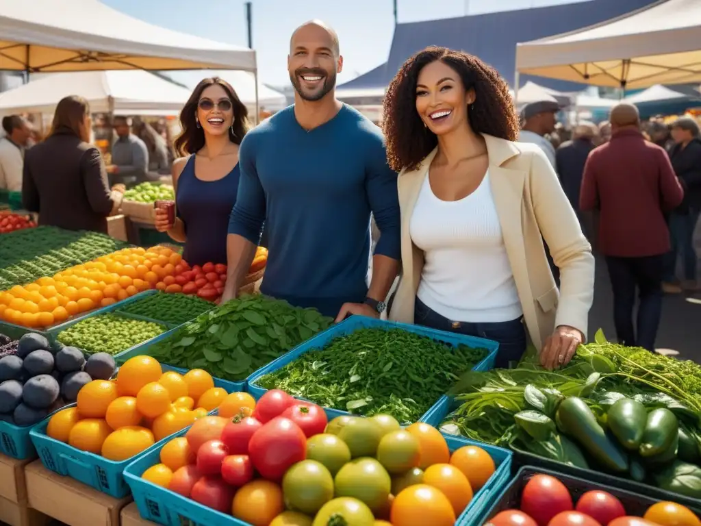 Un grupo diverso de veganos sonrientes disfrutan de frutas y verduras antioxidantes en un mercado vibrante