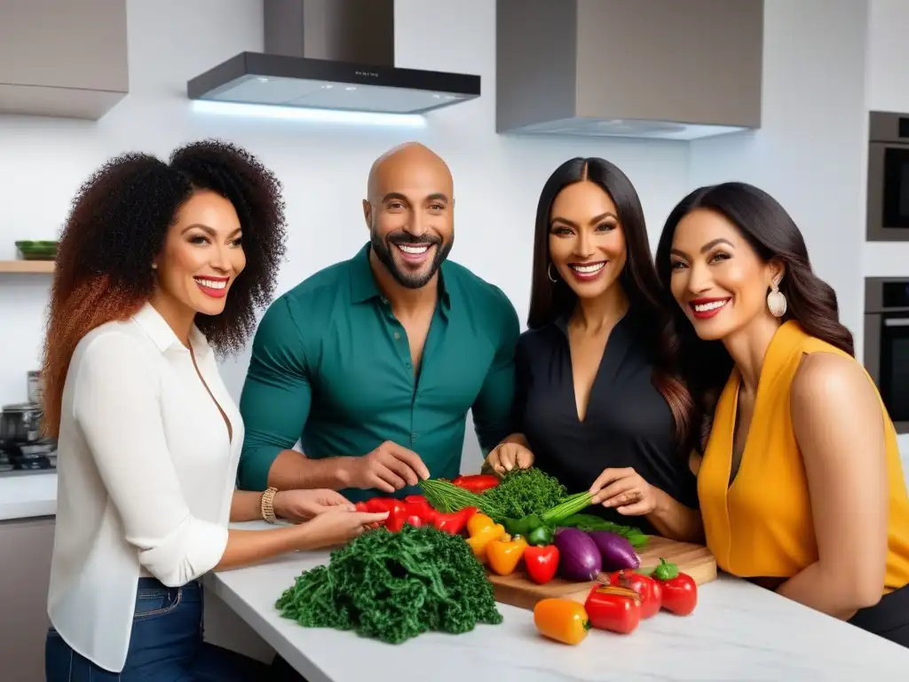 Un grupo diverso de veganos sonrientes disfruta de una comida vegana colorida y rica en fuentes de vitamina A en una cocina moderna