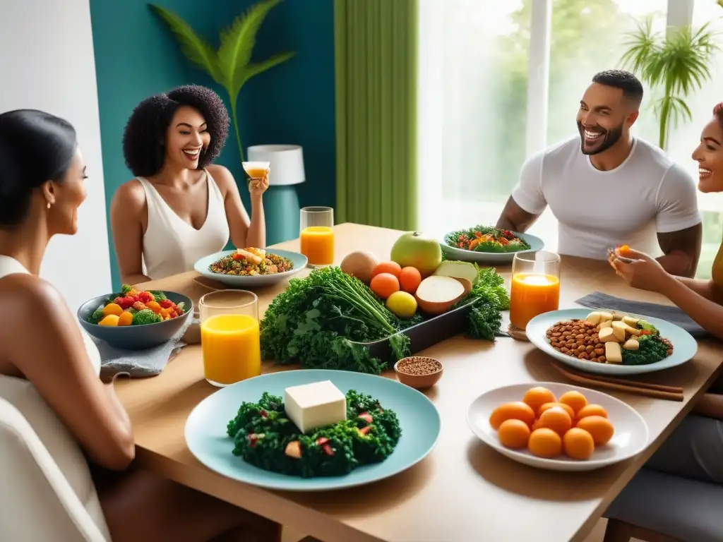 Un grupo diverso de veganos sonrientes disfrutan de una comida rica en calcio, rodeados de vegetación