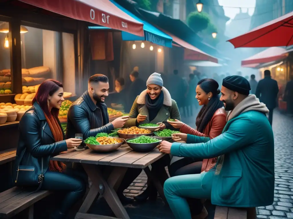 Un grupo diverso de viajeros disfruta de una comida vegana en un mercado callejero, con elementos culturales y tecnología moderna