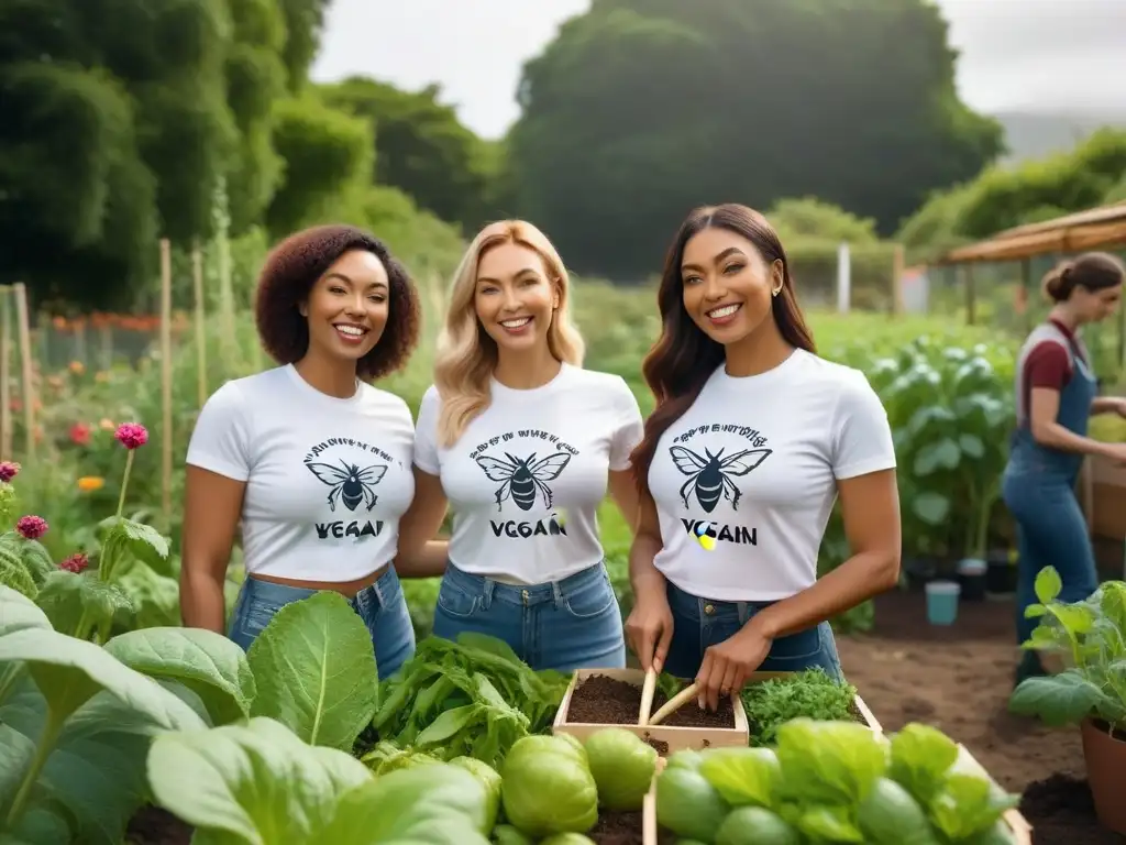 Un grupo diverso de voluntarios veganos internacionales trabajando unidos en un exuberante huerto comunitario, promoviendo el activismo ambiental