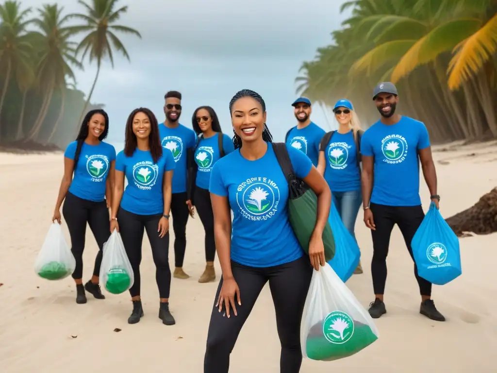 Grupo diverso de voluntarios veganos internacionales en limpieza de playa