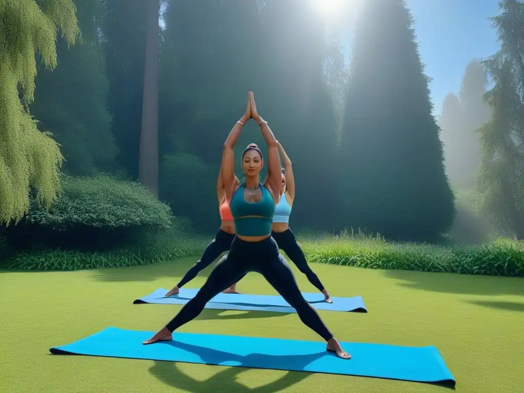 Grupo diverso practicando yoga en parque verde, demostrando flexibilidad y equilibrio avanzados